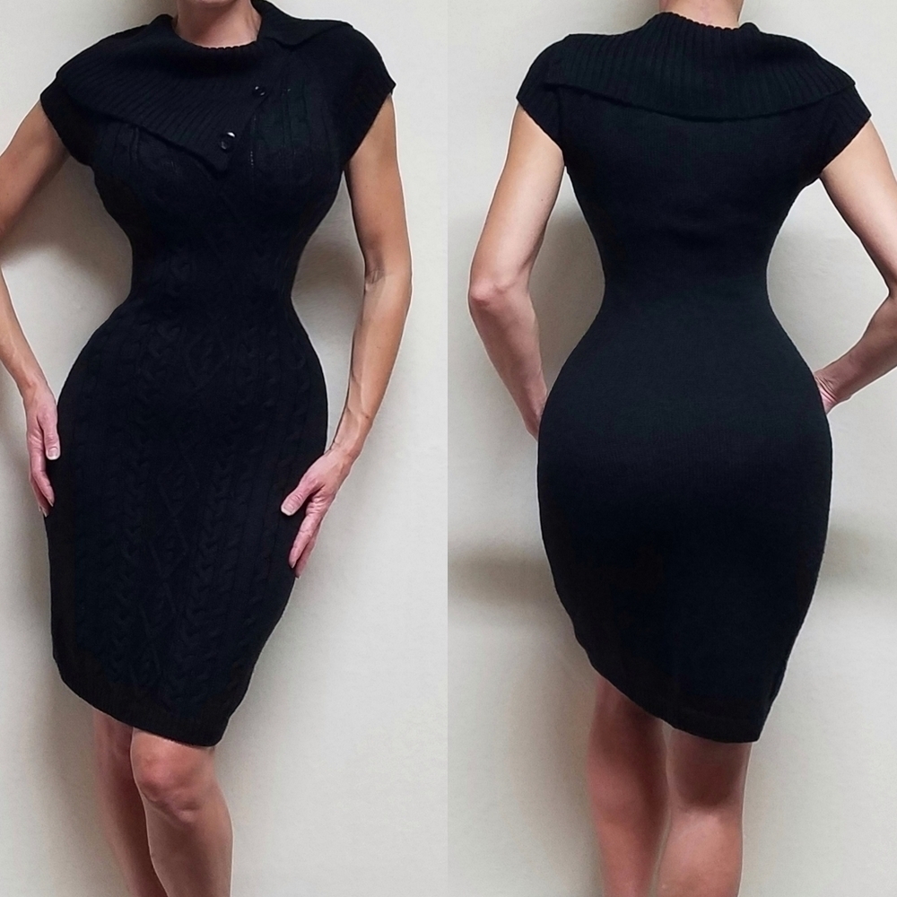 CALVIN Klein Black Cable Knit Split Neck Button Collar Merino Wool Bodycon Dress